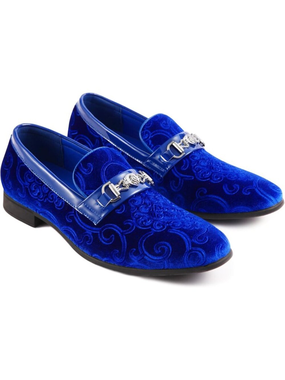 Men's Royal Blue Luxury Paisley Velvet Gold Buckle Loafers Slip On Dress Shoes